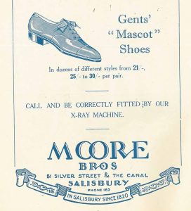 Printed advert Moore Bros shoe shop Salisbury, 'call and be correctly fitted by our x-ray machine'