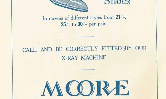 Printed advert Moore Bros shoe shop Salisbury, 'call and be correctly fitted by our x-ray machine'