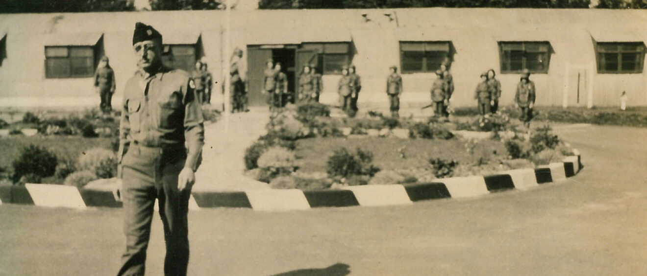 American soldier outside Harvard Hospital buildings