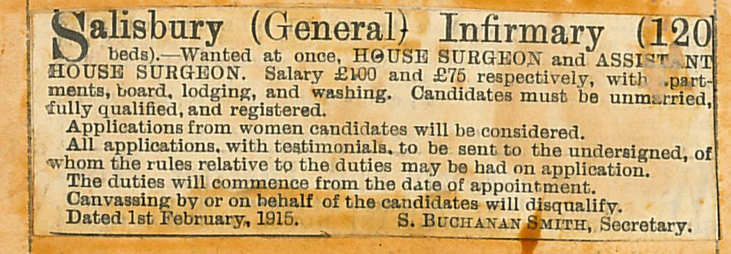 Newspaper advert for house surgeon at Infirmary