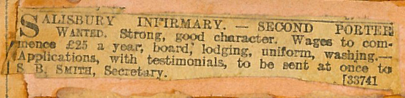 Newspaper advert for second porter at Infirmary