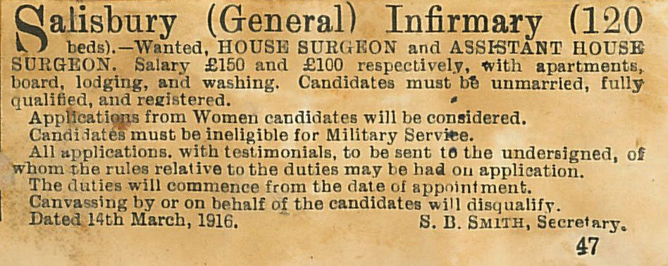 Newspaper advert for house surgeon at Infirmary