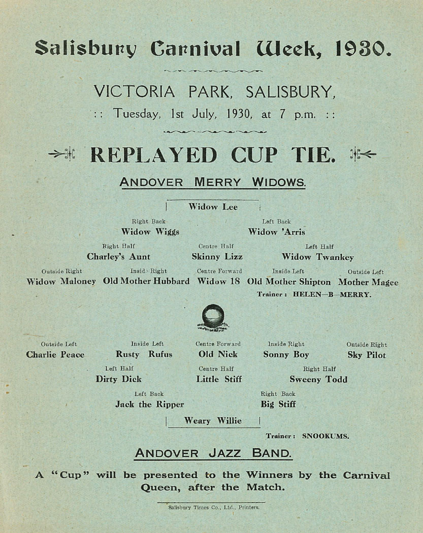 Salisbury Infirmary Carnival notice advertising the cup tie 1st July 1930