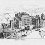 Black and white ink drawing of Salisbury Infirmary
