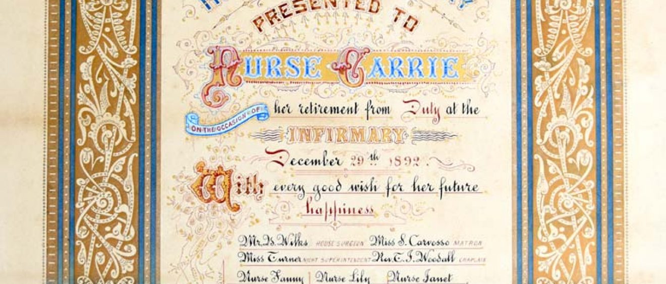 Blue and gold decorated certificate with handwritten details