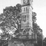 Black and white photograph of clock tower