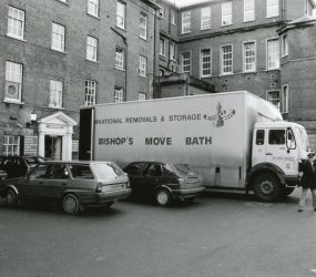 Removal lorry outside the Infirmary building