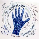 hand outline surrounded by words associated with x-rays written in calligraphy