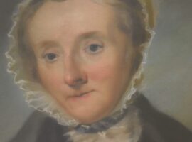 Detail of pastel portrait of woman wearing a bonnet