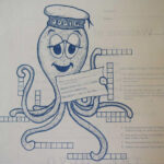 Drawing and puzzle with illustration of octopus mascot