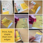 series of images showing how to fold, staple and trim colouring book pages