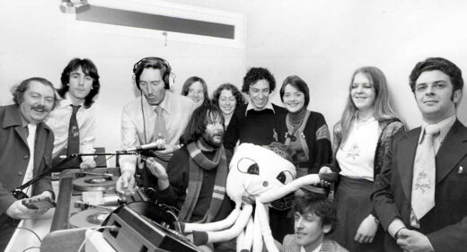 Black and white photograph of Bill Oddie opening a radio station