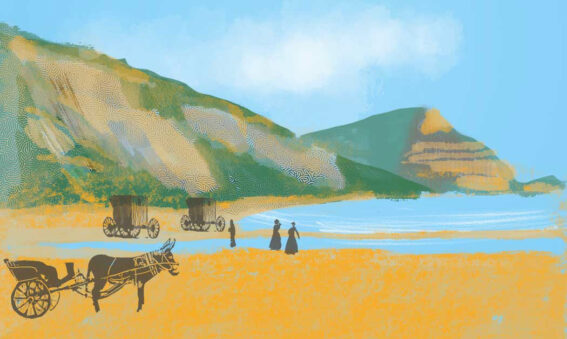 Artists impression of Charmouth beach in Victorian era