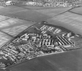 Black and white photograph aerial view