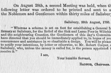 Letter sent to Noblemen and Gentlemen within 30miles of Salisbury requesting donations for new hospital from Earl Radnor