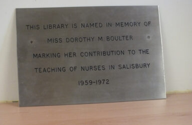 Colour photograph of a plaque in memory of Dorothy Boulter nurse tutor 1959-1972