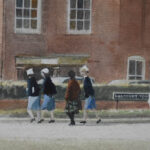 Close up of watercolour painting showing nurses walking
