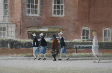Close up of watercolour painting showing nurses walking