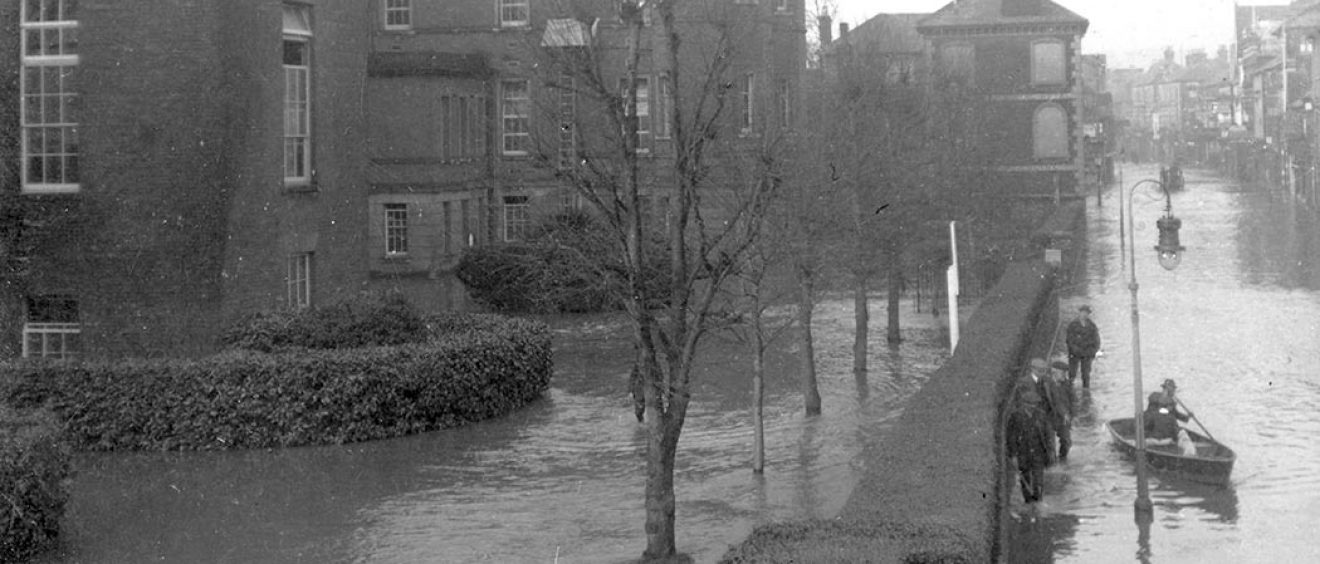 View shows flood water right in front of hospital and along Fisherton Street