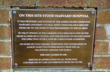 Plaque commemorating volunteers and staff of Common cold Unit