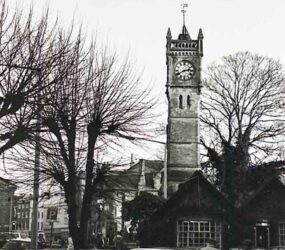 Black and white photograph of the Clock Tower