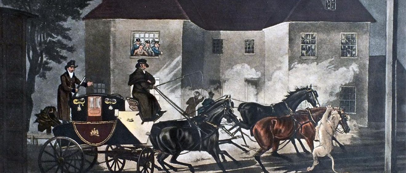 Painting showing a lioness attacking horses of mail coach outside a pub