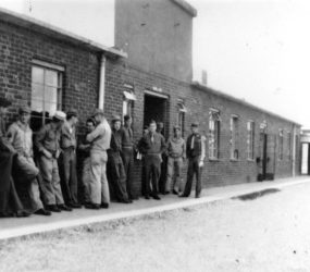 Soldiers queueing up outside the mess hall