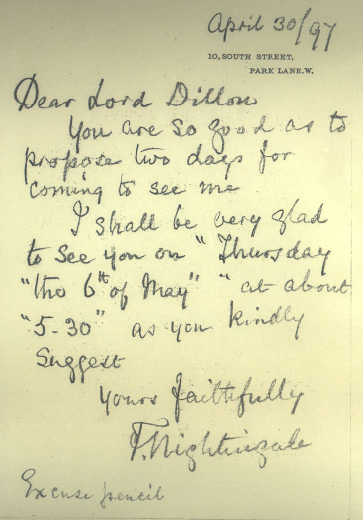 Letter from Florence Nightingale to Lord Dillon, Apr 1897