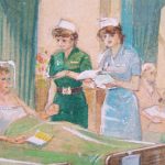 sketch of nurses with green or blue dress
