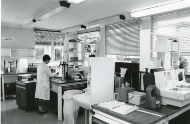 Black and white photograph of pathology lab
