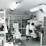 Black and white photograph of laboratory interior