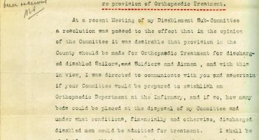 Letter asking if Infirmary prepared to establish an Orthopaedic department