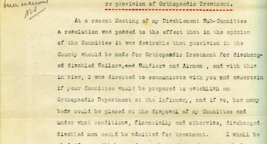 Letter asking if Infirmary prepared to establish an Orthopaedic department