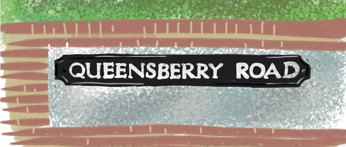 digital drawing of Queensberry Road street name on wall