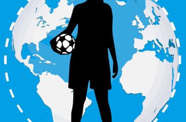 Illustration of a footballer standing in front of a globe