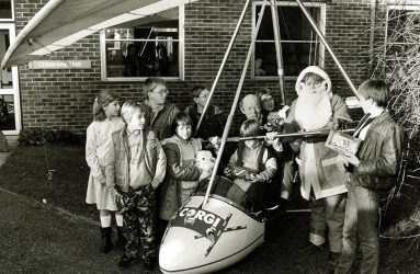 Santa with microlight sleigh outside Children's Outpatients, 1987