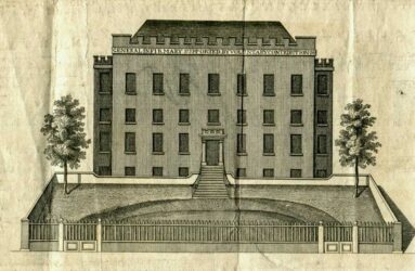 Historic etching showing building of Salisbury Infirmary, flanked by 2 trees and semi circular forecourt