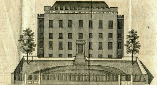 Historic etching showing building of Salisbury Infirmary, flanked by 2 trees and semi circular forecourt