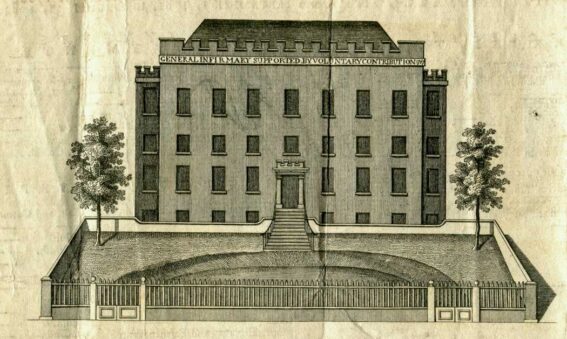 Historic etching showing building of Salisbury Infirmary, flanked by 2 trees and semi circular forecourt