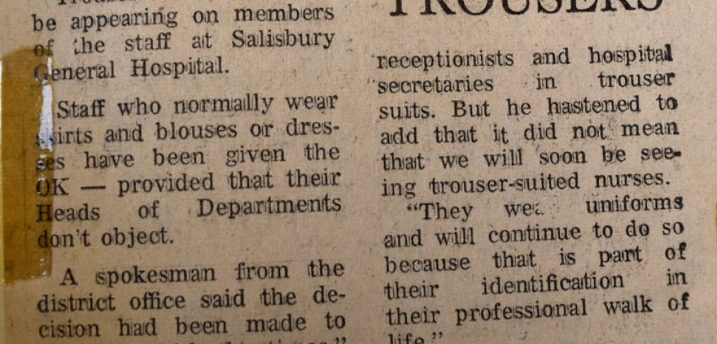 Article describing how female non-clinical staff can now wear trousers to work