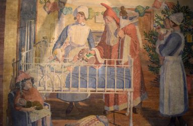 Painting showing nurse with Father Christmas giving present to child in cot